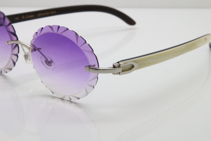 Cartier Rimless Original White Inside Black Buffalo Horn T8200761 Sunglasses in Gold Purple Carved Lens