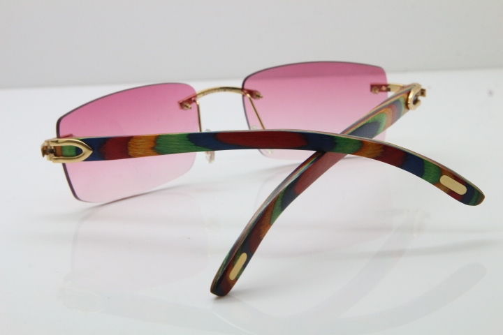 Cartier Rimless 8200757 SunGlasses Original Peacock Wood Sunglasses in Gold Pink Lens