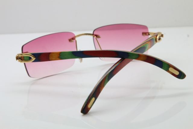 Cartier Rimless 8200757 SunGlasses Original Peacock Wood Sunglasses in Gold Pink Lens