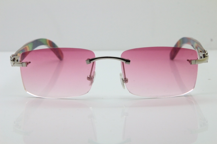 Cartier Rimless 8200757 SunGlasses Original Peacock Wood Sunglasses in Gold Pink Lens