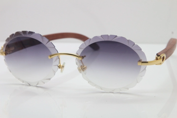 Cartier Rimless Original Wood T8200761 Sunglasses in Gold Gray Carved Lens