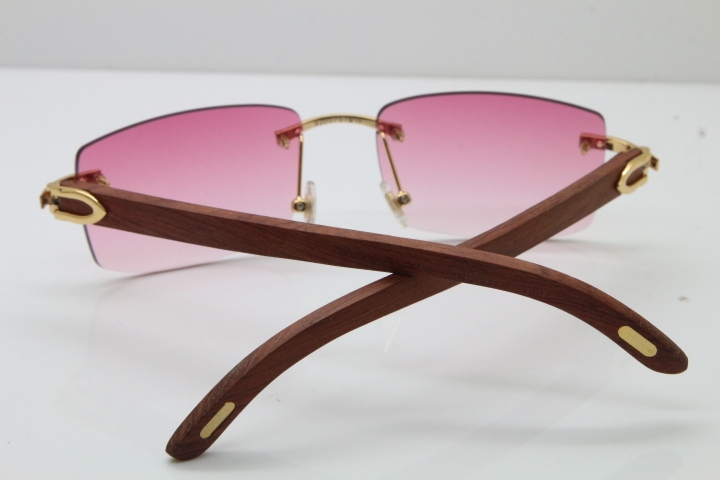 Cartier Rimless 8200757 SunGlasses Original Wood Sunglasses in Gold Pink Lens