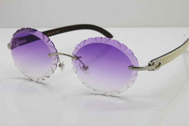 Cartier Rimless Original White Inside Black Buffalo Horn T8200761 Sunglasses in Gold Purple Carved Lens