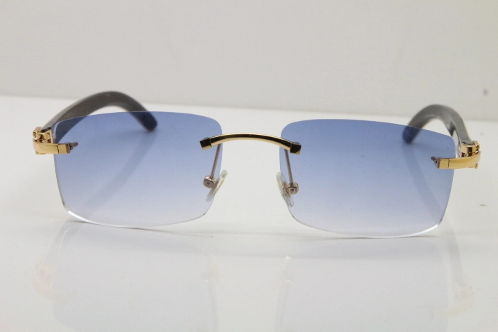 Cartier Rimless 8200758 SunGlasses Original White Inside Black Buffalo Horn Sunglasses in Silver Blue Lens