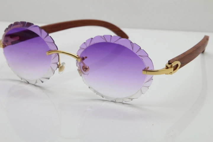 Cartier Rimless Original Wood T8200761 Sunglasses in Gold Purple Carved Lens