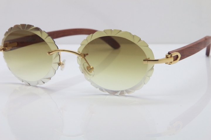 Cartier Rimless Original Wood T8200761 Sunglasses in Gold Brown Carved Lens