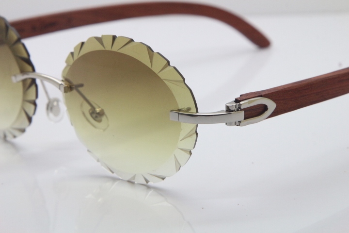 Cartier Rimless Original Wood T8200761 Sunglasses in Gold Brown Carved Lens