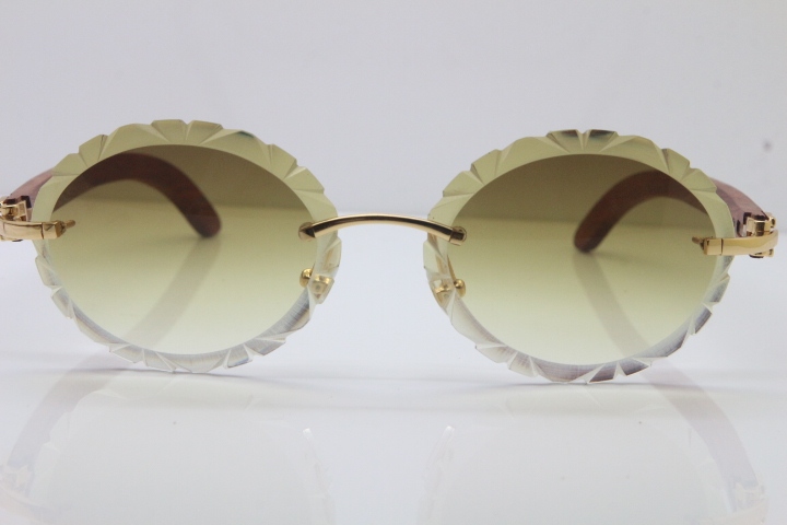 Cartier Rimless Original Wood T8200761 Sunglasses in Gold Brown Carved Lens