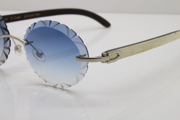 Cartier Rimless Original White Inside Black Buffalo Horn T8200761 Sunglasses in Gold Blue Carved Lens