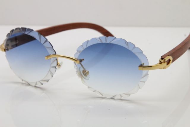 Cartier Rimless Original Wood T8200761 Sunglasses in Gold Blue Carved Lens
