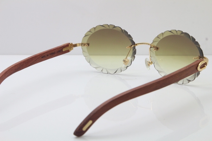 Cartier Rimless Original Wood T8200761 Sunglasses in Gold Brown Carved Lens