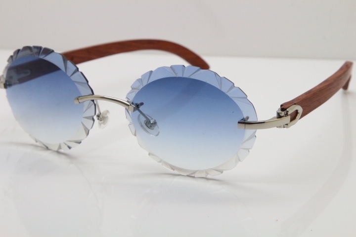 Cartier Rimless Original Wood T8200761 Sunglasses in Gold Blue Carved Lens