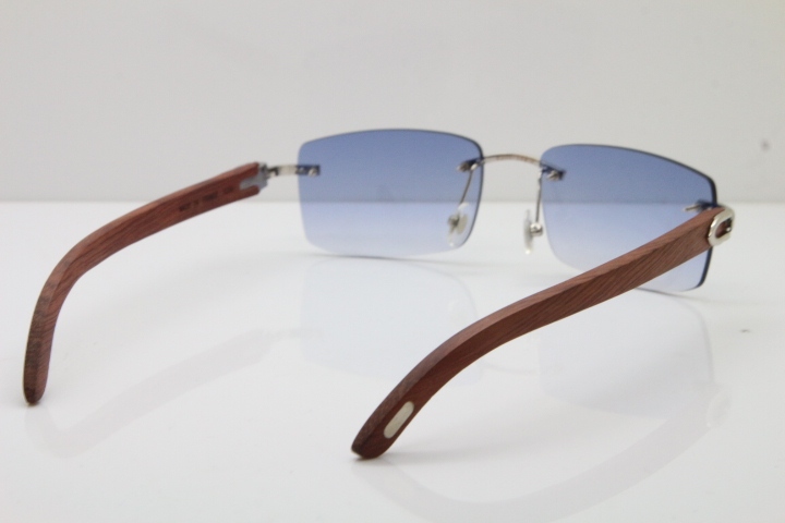 Cartier Rimless 8200758 SunGlasses Original Wood Sunglasses in Silver Blue Lens