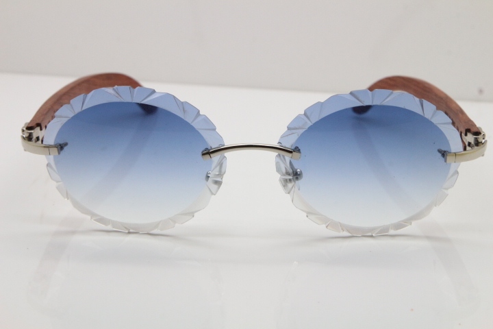 Cartier Rimless Original Wood T8200761 Sunglasses in Gold Blue Carved Lens