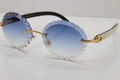 Cartier Rimless Original White Inside Black Buffalo Horn T8200761 Sunglasses in Gold Blue Carved Lens