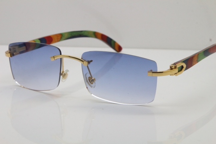 Cartier Rimless 8200757 SunGlasses Original Peacock Wood Sunglasses in Silver Blue Lens