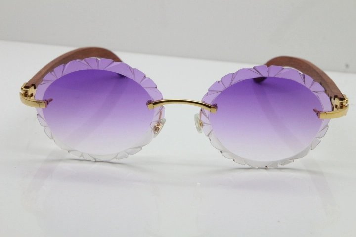 Cartier Rimless Original Wood T8200761 Sunglasses in Gold Purple Carved Lens