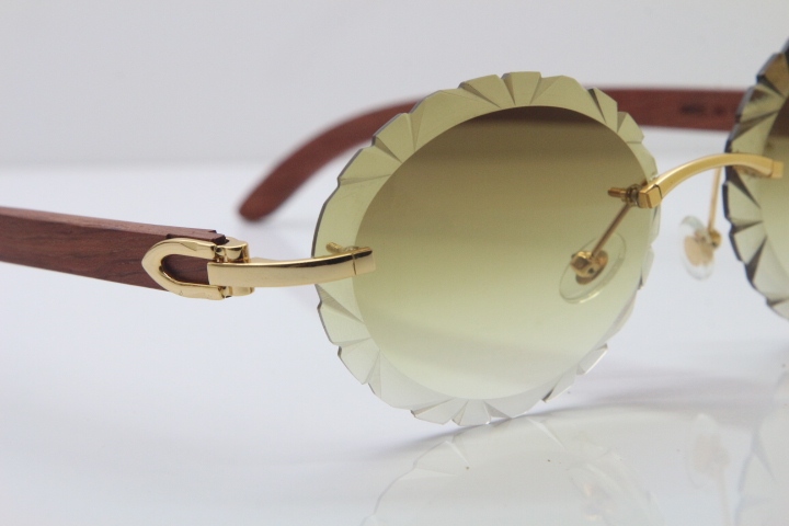 Cartier Rimless Original Wood T8200761 Sunglasses in Gold Brown Carved Lens