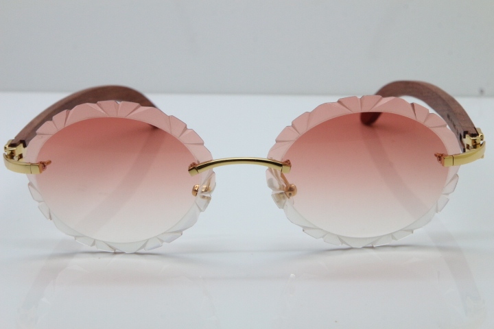 Cartier Rimless Original Wood T8200761 Sunglasses in Gold Pink Carved Lens