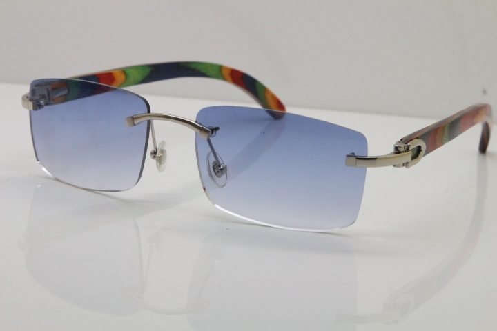 Cartier Rimless 8200757 SunGlasses Original Peacock Wood Sunglasses in Silver Blue Lens