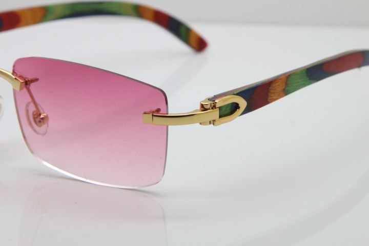 Cartier Rimless 8200757 Sunglasses Original Peacock Wood Sunglasses In Gold Pink Lens