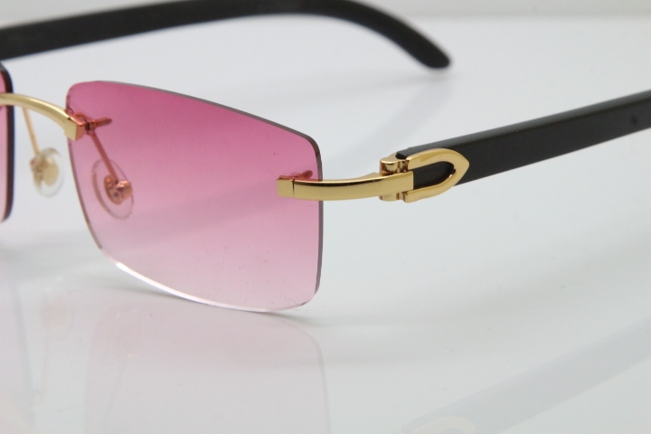 Cartier Rimless 8200758 SunGlasses Original Black Buffalo Horn Sunglasses in Silver Pink Lens