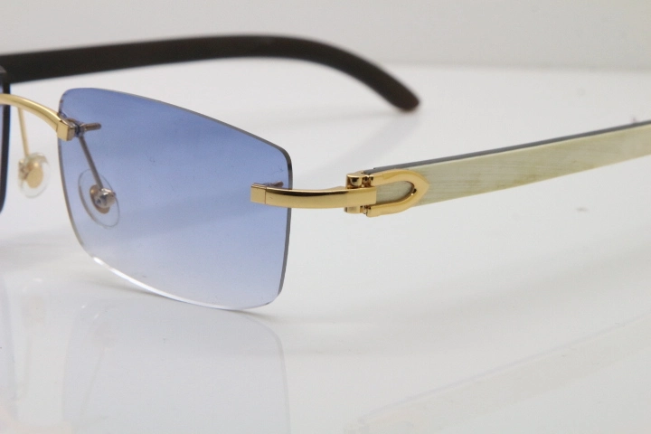 Cartier Rimless 8200758 SunGlasses Original White Inside Black Buffalo Horn Sunglasses in Silver Blue Lens