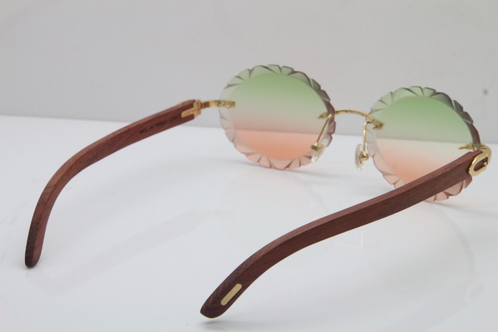 Cartier Rimless Original Wood T8200761 Sunglasses in Gold Green Mix Brown Carved Lens