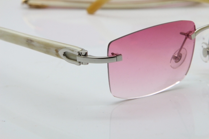 Cartier Rimless 8200758 SunGlasses Original White Genuine Natural Horn Sunglasses in Silver Pink Lens