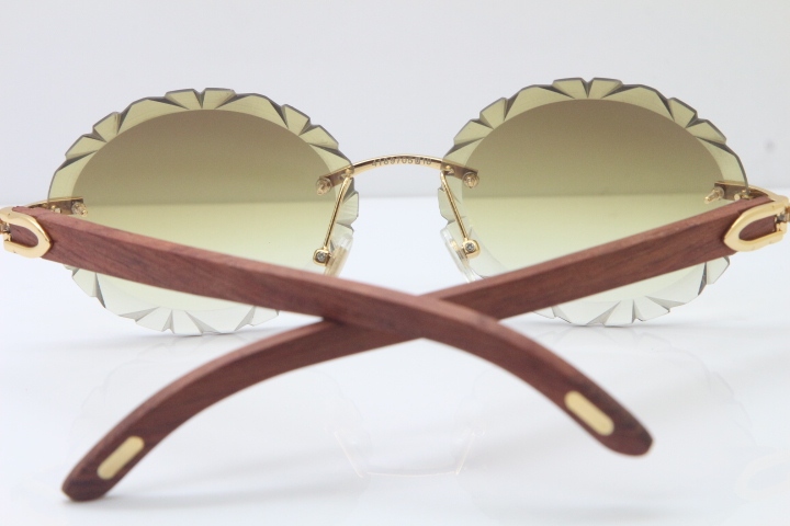 Cartier Rimless Original Wood T8200761 Sunglasses in Gold Brown Carved Lens