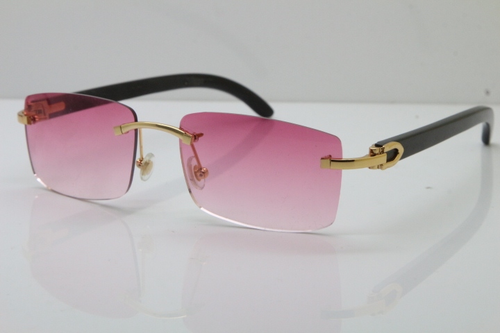 Cartier Rimless 8200758 SunGlasses Original Black Buffalo Horn Sunglasses in Silver Pink Lens