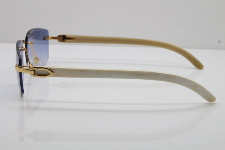 Cartier Rimless 8200757 SunGlasses Original White Genuine Natural Horn Sunglasses in Gold Blue Lens