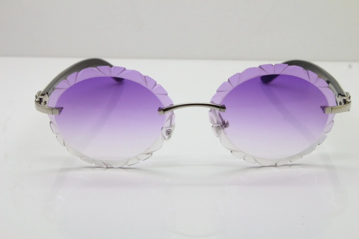 Cartier Rimless Original White Inside Black Buffalo Horn T8200761 Sunglasses in Gold Purple Carved Lens