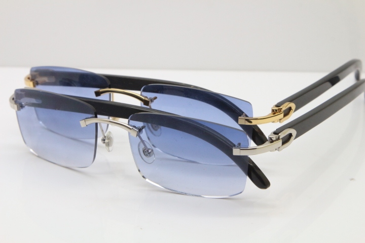 Cartier 8200757 Rimless SunGlasses Original Black Buffalo Horn Sunglasses in Gold Blue Lens