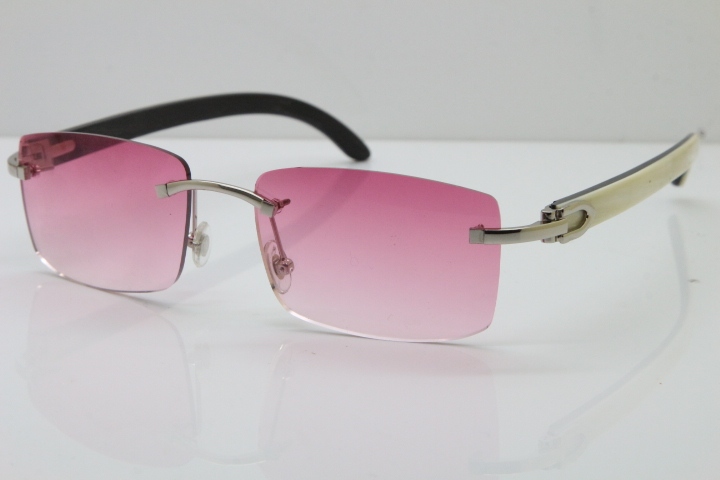 Cartier Rimless 8200757 SunGlasses Original White Inside Black Buffalo Horn Sunglasses in Gold Pink Lens