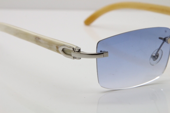 Cartier Rimless 8200757 SunGlasses Original White Genuine Natural Horn Sunglasses in Gold Blue Lens