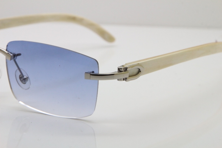 Cartier Rimless 8200757 SunGlasses Original White Genuine Natural Horn Sunglasses in Gold Blue Lens