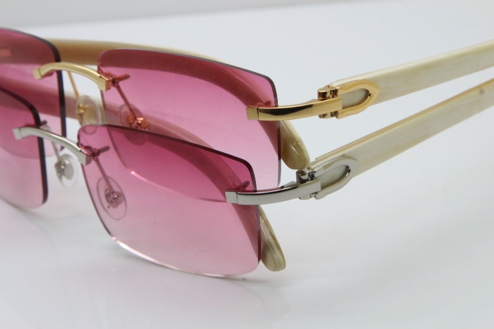 Cartier Rimless 8200758 SunGlasses Original White Genuine Natural Horn Sunglasses in Silver Pink Lens