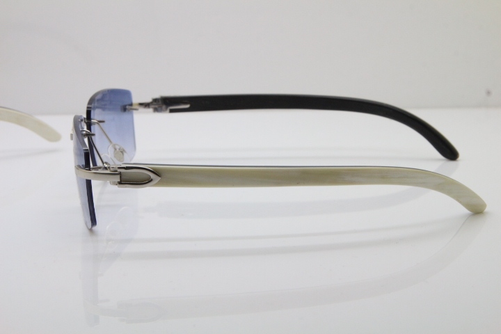 Cartier Rimless 8200758 SunGlasses Original White Inside Black Buffalo Horn Sunglasses in Silver Blue Lens