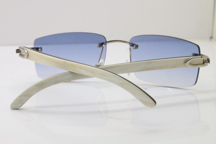 Cartier Rimless 8200758 SunGlasses Original White Inside Black Buffalo Horn Sunglasses in Silver Blue Lens