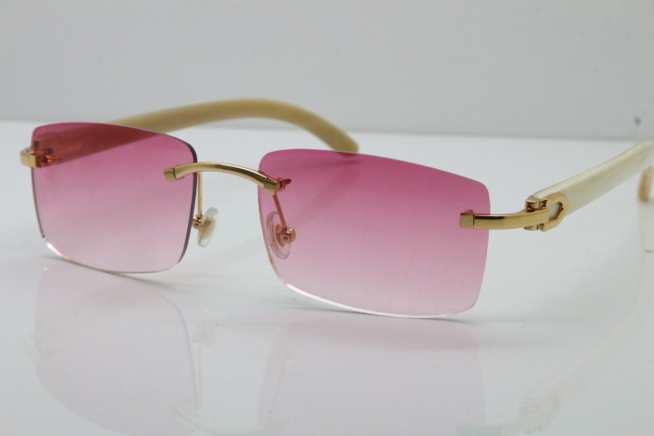 Cartier Rimless 8200758 SunGlasses Original White Genuine Natural Horn Sunglasses in Silver Pink Lens