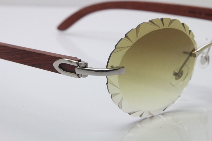 Cartier Rimless Original Wood T8200761 Sunglasses in Gold Brown Carved Lens