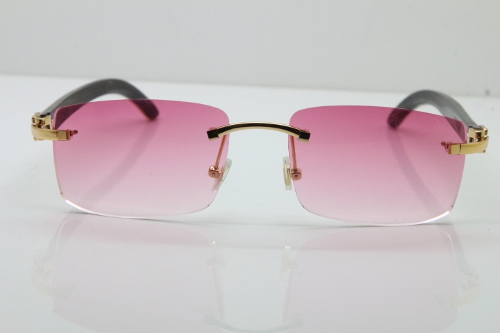 Cartier Rimless 8200757 SunGlasses Original White Inside Black Buffalo Horn Sunglasses in Gold Pink Lens
