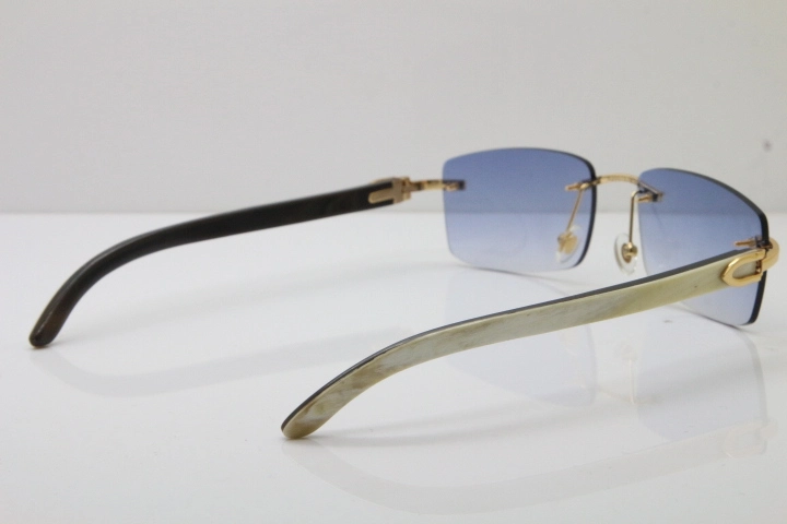 Cartier Rimless 8200758 SunGlasses Original White Inside Black Buffalo Horn Sunglasses in Silver Blue Lens