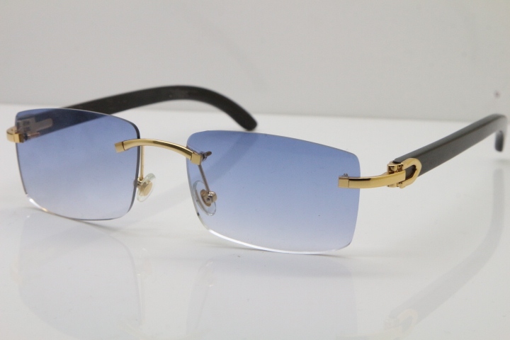 Cartier 8200757 Rimless SunGlasses Original Black Buffalo Horn Sunglasses in Gold Blue Lens