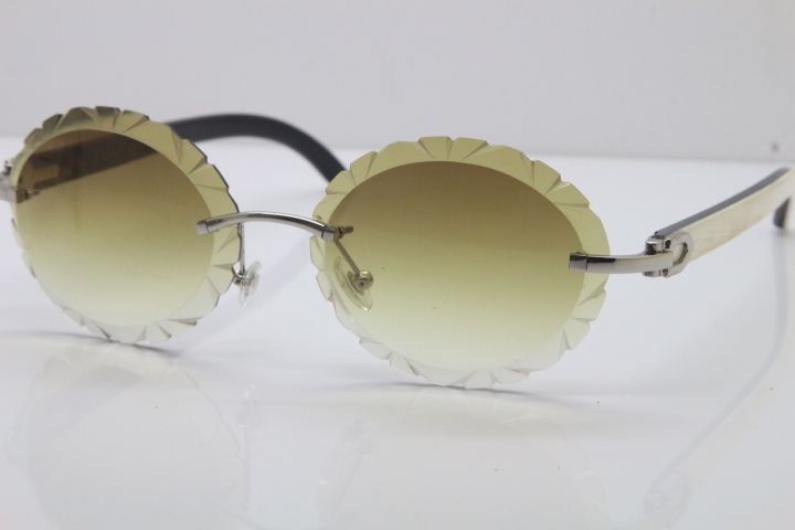 Cartier Rimless Original White Inside Black Buffalo Horn T8200761 Sunglasses in Gold Brown Carved Lens