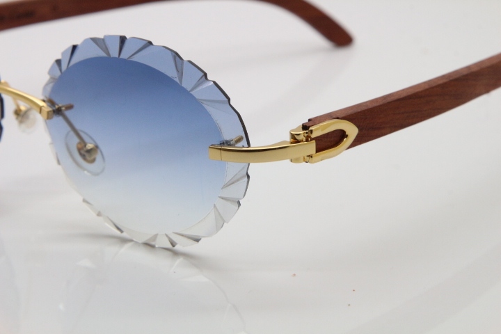 Cartier Rimless Original Wood T8200761 Sunglasses in Gold Blue Carved Lens