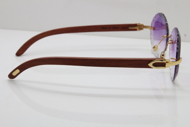 Cartier Rimless Original Wood T8200761 Sunglasses in Gold Purple Carved Lens