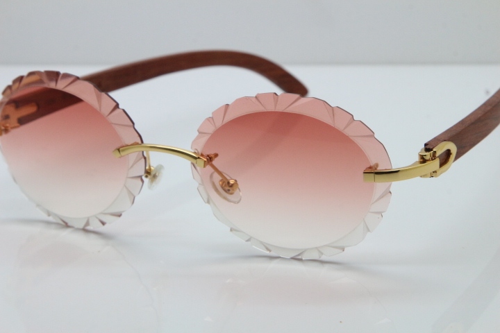 Cartier Rimless Original Wood T8200761 Sunglasses in Gold Pink Carved Lens