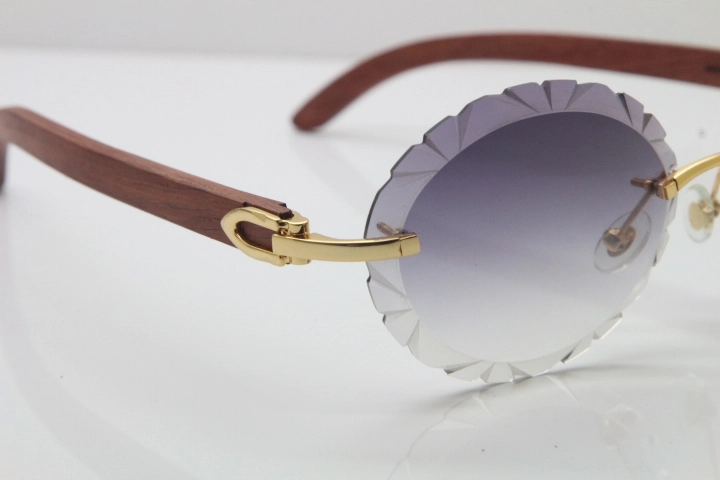 Cartier Rimless Original Wood T8200761 Sunglasses in Gold Gray Carved Lens